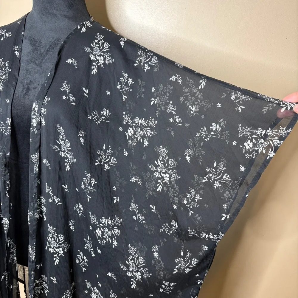 LC Lauren Conrad Womens Black Floral Sheer Duster Kimono Open Front One Size